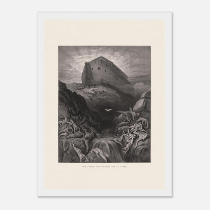 Noé envoyant la colombe, gravure ancienne de Gustave Doré (21x29,7 cm (A4) / Cadre blanc). Gravure de Gustave Doré montrant l'Arche de Noé perchée sur un monticule, tandis qu'une colombe s'envole au-dessus d'un paysage désolé et inondé par le déluge.