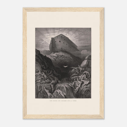 Noé envoyant la colombe, gravure ancienne de Gustave Doré (21x29,7 cm (A4) / Cadre bois clair). Gravure de Gustave Doré montrant l'Arche de Noé perchée sur un monticule, tandis qu'une colombe s'envole au-dessus d'un paysage désolé et inondé par le déluge.