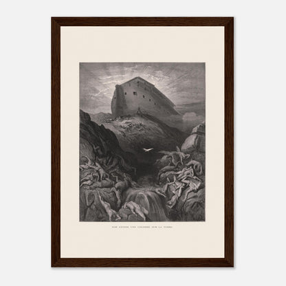 Noé envoyant la colombe, gravure ancienne de Gustave Doré (21x29,7 cm (A4) / Cadre bois foncé). Gravure de Gustave Doré montrant l'Arche de Noé perchée sur un monticule, tandis qu'une colombe s'envole au-dessus d'un paysage désolé et inondé par le déluge.