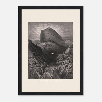 Noé envoyant la colombe, gravure ancienne de Gustave Doré (21x29,7 cm (A4) / Cadre noir). Gravure de Gustave Doré montrant l'Arche de Noé perchée sur un monticule, tandis qu'une colombe s'envole au-dessus d'un paysage désolé et inondé par le déluge.