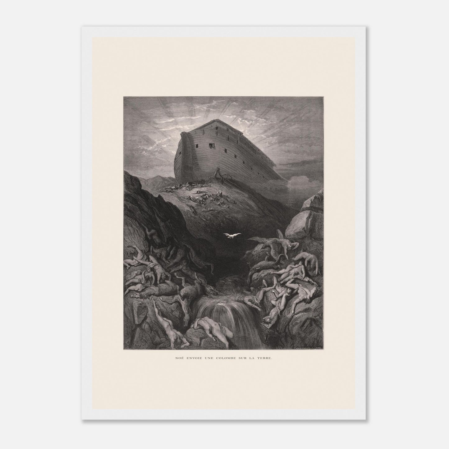 Noé envoyant la colombe, gravure ancienne de Gustave Doré (29,7x42 cm (A3) / Cadre blanc). Gravure de Gustave Doré montrant l'Arche de Noé perchée sur un monticule, tandis qu'une colombe s'envole au-dessus d'un paysage désolé et inondé par le déluge.