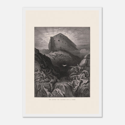 Noé envoyant la colombe, gravure ancienne de Gustave Doré (29,7x42 cm (A3) / Cadre blanc). Gravure de Gustave Doré montrant l'Arche de Noé perchée sur un monticule, tandis qu'une colombe s'envole au-dessus d'un paysage désolé et inondé par le déluge.