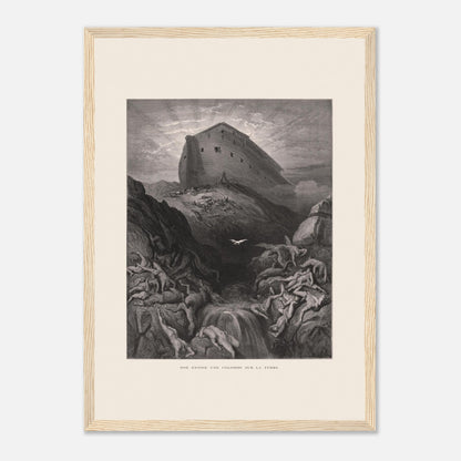 Noé envoyant la colombe, gravure ancienne de Gustave Doré (29,7x42 cm (A3) / Cadre bois clair). Gravure de Gustave Doré montrant l'Arche de Noé perchée sur un monticule, tandis qu'une colombe s'envole au-dessus d'un paysage désolé et inondé par le déluge.