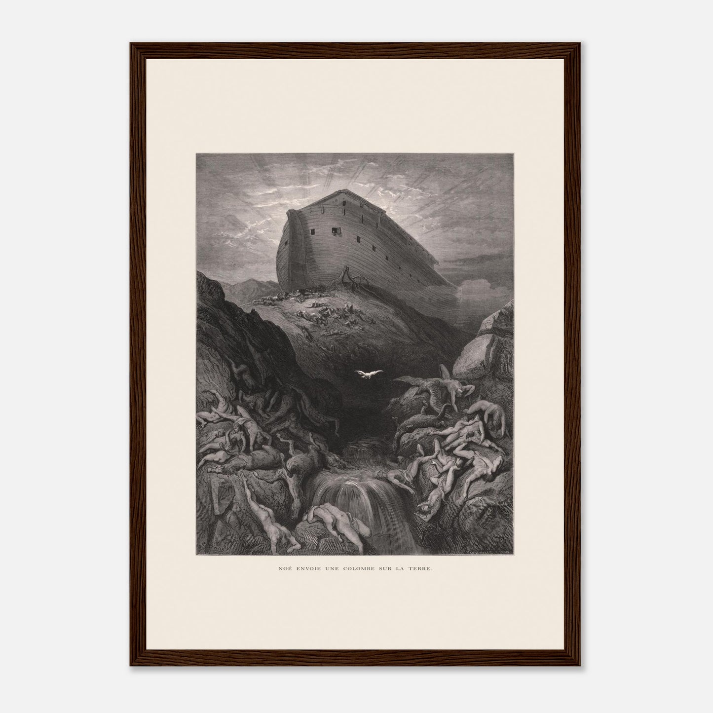 Noé envoyant la colombe, gravure ancienne de Gustave Doré (29,7x42 cm (A3) / Cadre bois foncé). Gravure de Gustave Doré montrant l'Arche de Noé perchée sur un monticule, tandis qu'une colombe s'envole au-dessus d'un paysage désolé et inondé par le déluge.