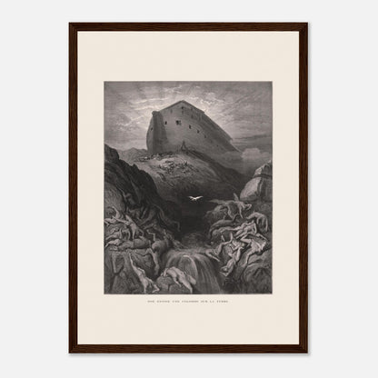 Noé envoyant la colombe, gravure ancienne de Gustave Doré (29,7x42 cm (A3) / Cadre bois foncé). Gravure de Gustave Doré montrant l'Arche de Noé perchée sur un monticule, tandis qu'une colombe s'envole au-dessus d'un paysage désolé et inondé par le déluge.