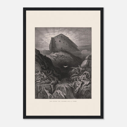 Noé envoyant la colombe, gravure ancienne de Gustave Doré (29,7x42 cm (A3) / Cadre noir). Gravure de Gustave Doré montrant l'Arche de Noé perchée sur un monticule, tandis qu'une colombe s'envole au-dessus d'un paysage désolé et inondé par le déluge.