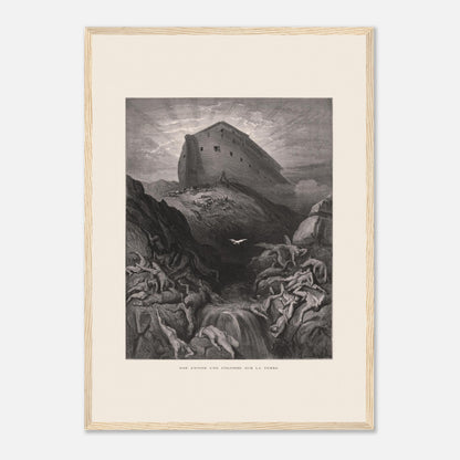 Noé envoyant la colombe, gravure ancienne de Gustave Doré (42x59,4 cm (A2) / Cadre bois clair). Gravure de Gustave Doré montrant l'Arche de Noé perchée sur un monticule, tandis qu'une colombe s'envole au-dessus d'un paysage désolé et inondé par le déluge.