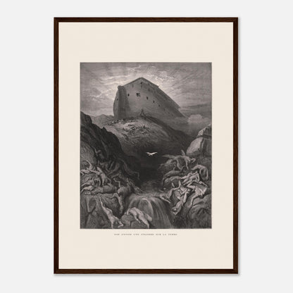 Noé envoyant la colombe, gravure ancienne de Gustave Doré (42x59,4 cm (A2) / Cadre bois foncé). Gravure de Gustave Doré montrant l'Arche de Noé perchée sur un monticule, tandis qu'une colombe s'envole au-dessus d'un paysage désolé et inondé par le déluge.