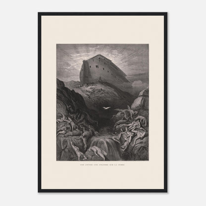 Noé envoyant la colombe, gravure ancienne de Gustave Doré (42x59,4 cm (A2) / Cadre noir). Gravure de Gustave Doré montrant l'Arche de Noé perchée sur un monticule, tandis qu'une colombe s'envole au-dessus d'un paysage désolé et inondé par le déluge.