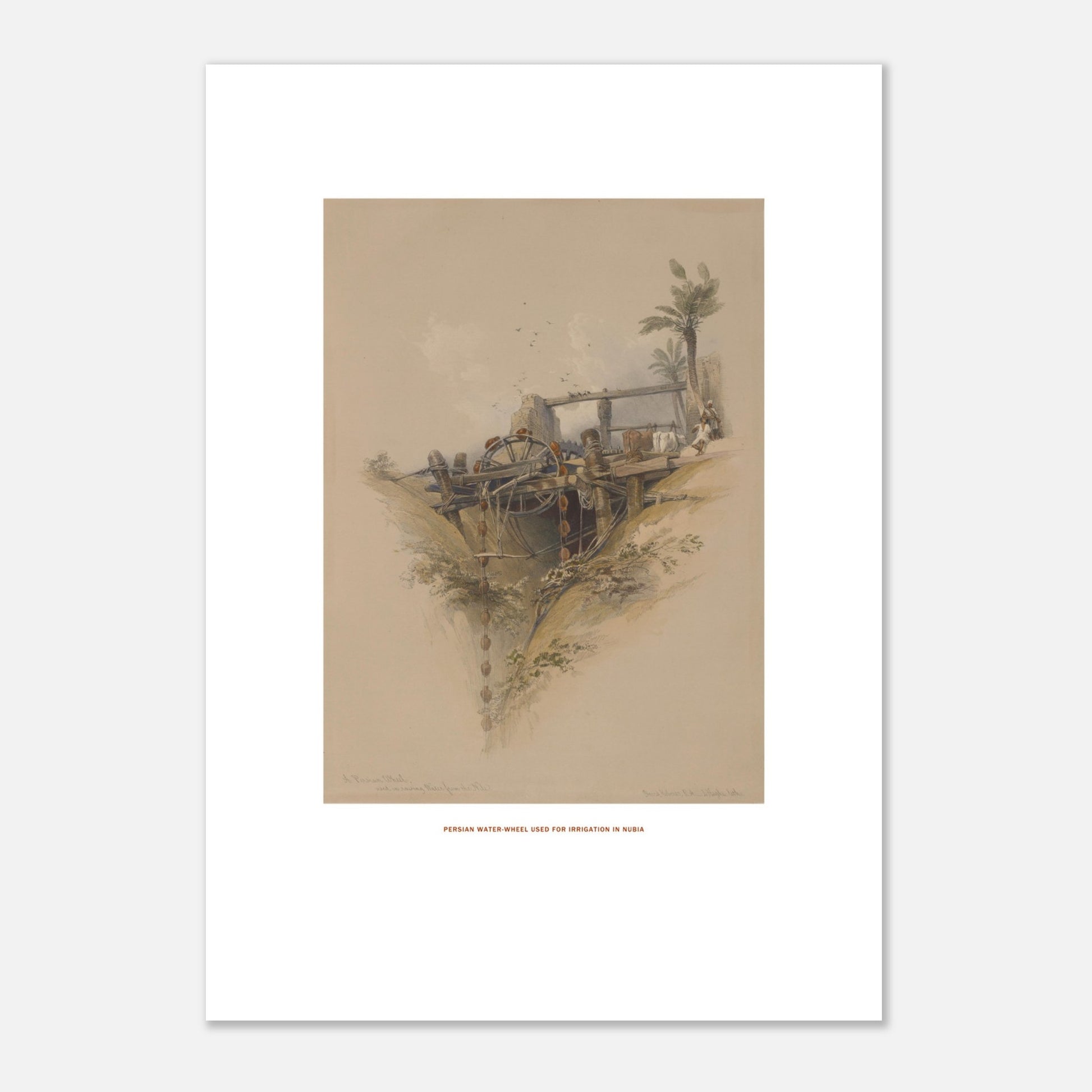 Planche ancienne : Noria perse pour l'irrigation en Nubie, par David Roberts (29,7x42 cm (A3)). Lithographie représentant une noria persane utilisée pour l'irrigation, une roue à eau en bois avec des chaînes et des récipients, située dans un creux de terrain avec des palmiers.