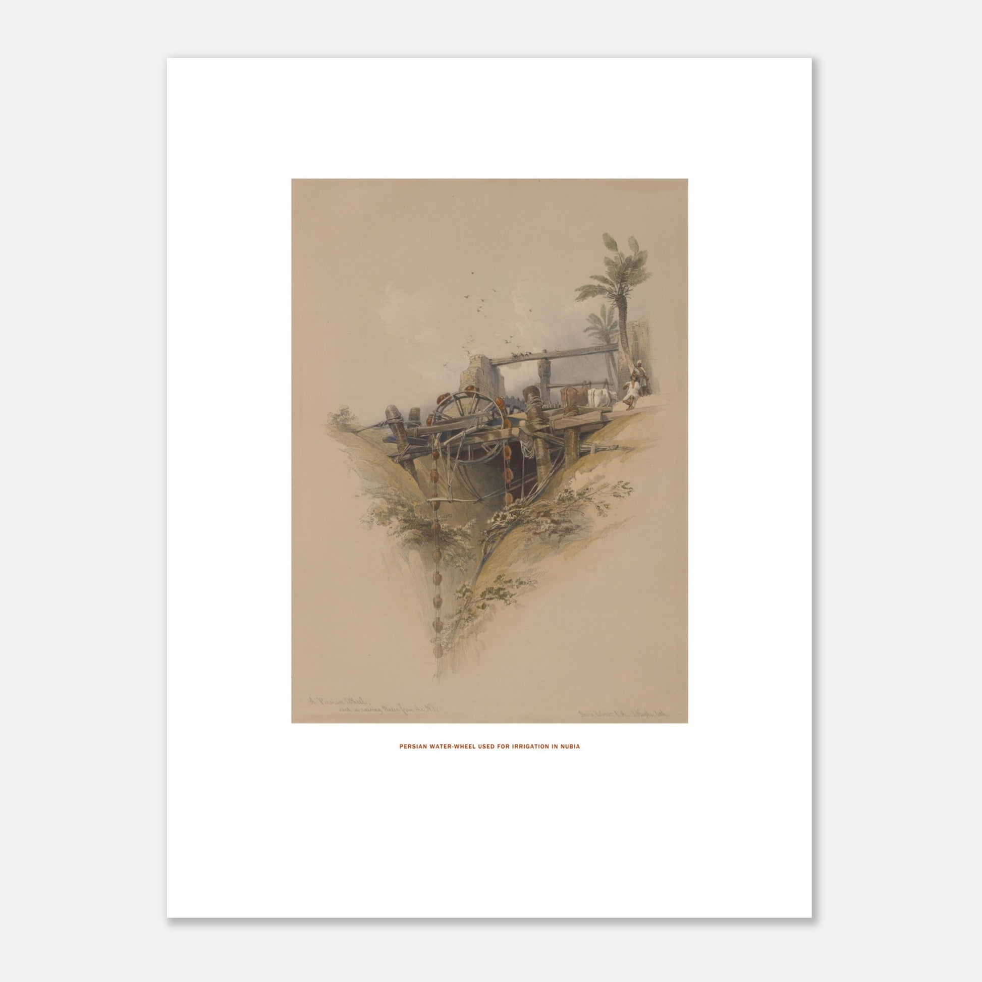 Planche ancienne : Noria perse pour l'irrigation en Nubie, par David Roberts (30x40 cm). Lithographie représentant une noria persane utilisée pour l'irrigation, une roue à eau en bois avec des chaînes et des récipients, située dans un creux de terrain avec des palmiers.