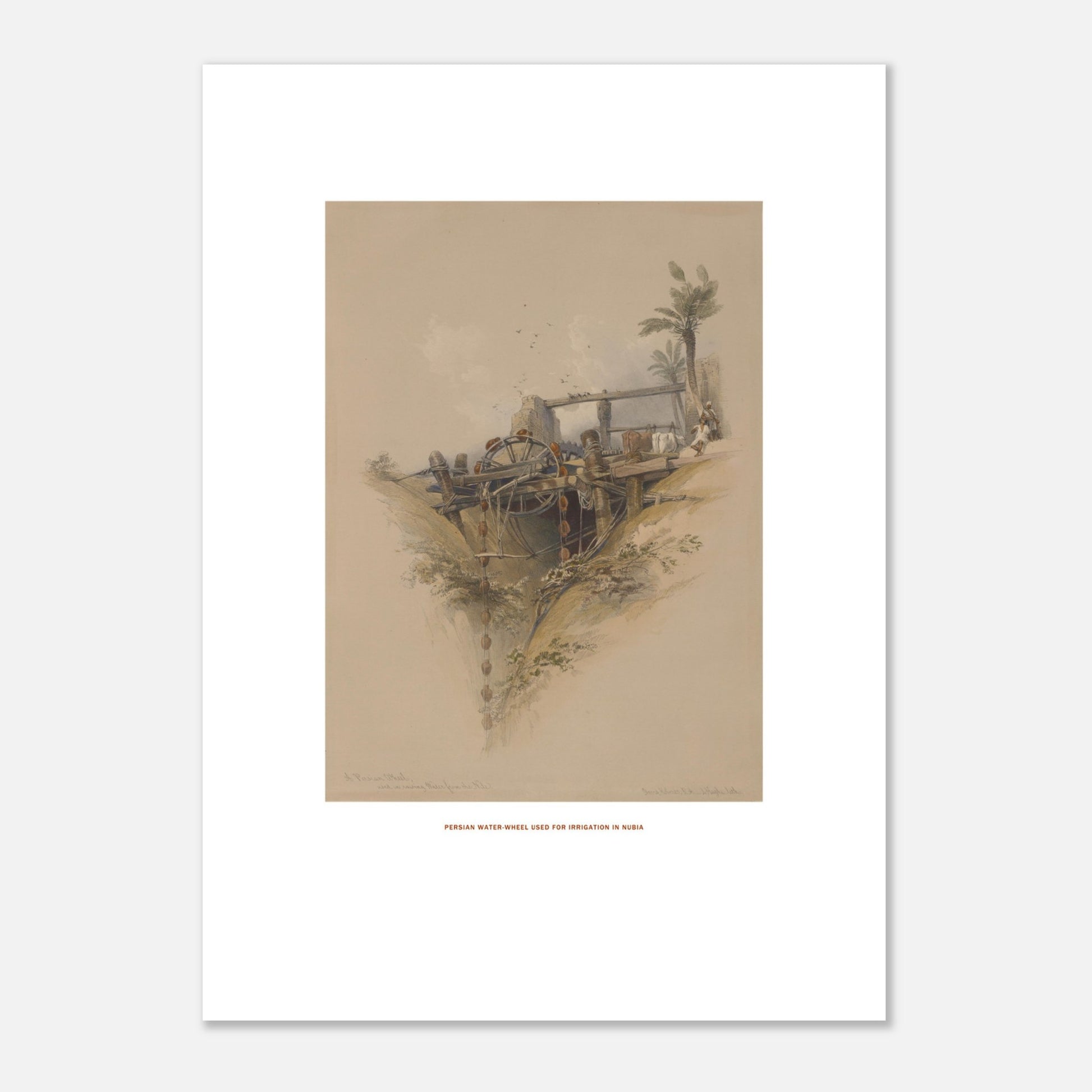 Planche ancienne : Noria perse pour l'irrigation en Nubie, par David Roberts (50x70 cm). Lithographie représentant une noria persane utilisée pour l'irrigation, une roue à eau en bois avec des chaînes et des récipients, située dans un creux de terrain avec des palmiers.