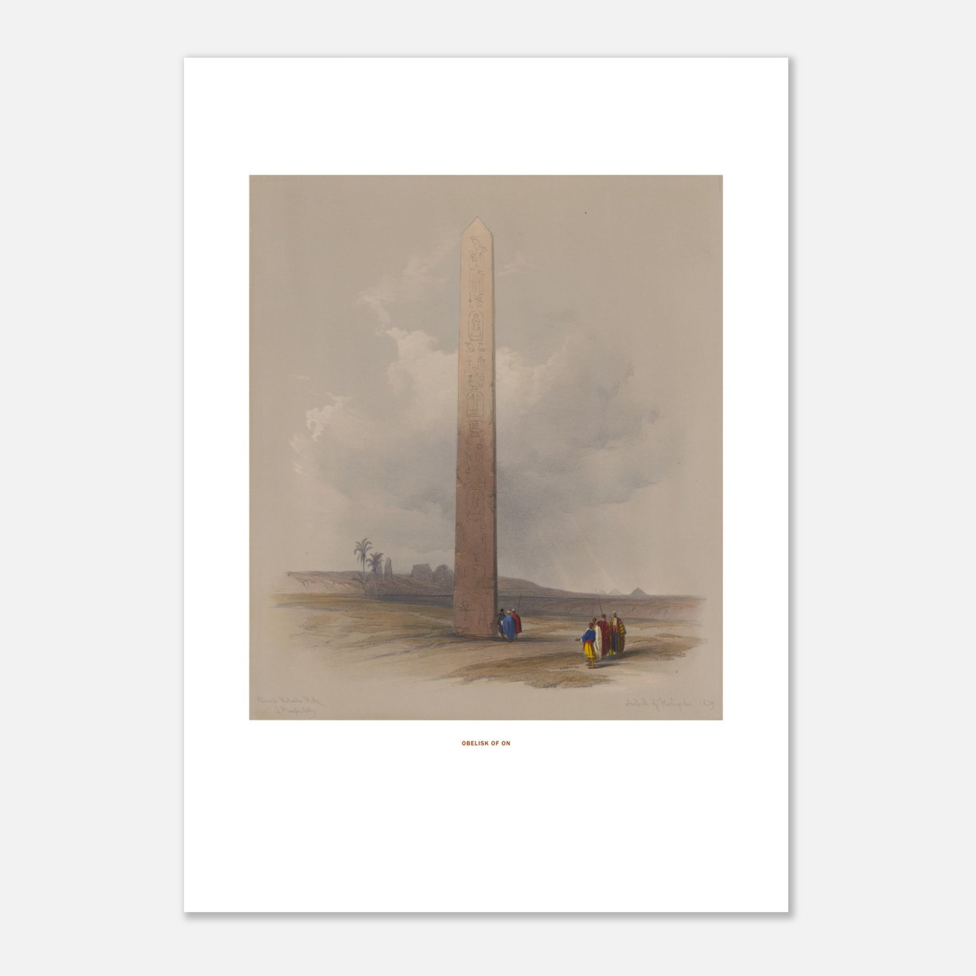 Gravure ancienne : L'Obélisque d'Héliopolis en Égypte, David Roberts (21x29,7 cm (A4)). Lithographie ancienne montrant l'Obélisque d'Héliopolis entouré de ruines et de quelques personnages, avec une palmeraie au loin.