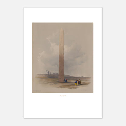 Gravure ancienne : L'Obélisque d'Héliopolis en Égypte, David Roberts (21x29,7 cm (A4)). Lithographie ancienne montrant l'Obélisque d'Héliopolis entouré de ruines et de quelques personnages, avec une palmeraie au loin.