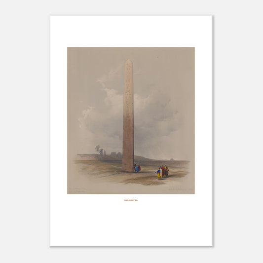 Gravure ancienne : L'Obélisque d'Héliopolis en Égypte, David Roberts (21x29,7 cm (A4)). Lithographie ancienne montrant l'Obélisque d'Héliopolis entouré de ruines et de quelques personnages, avec une palmeraie au loin.