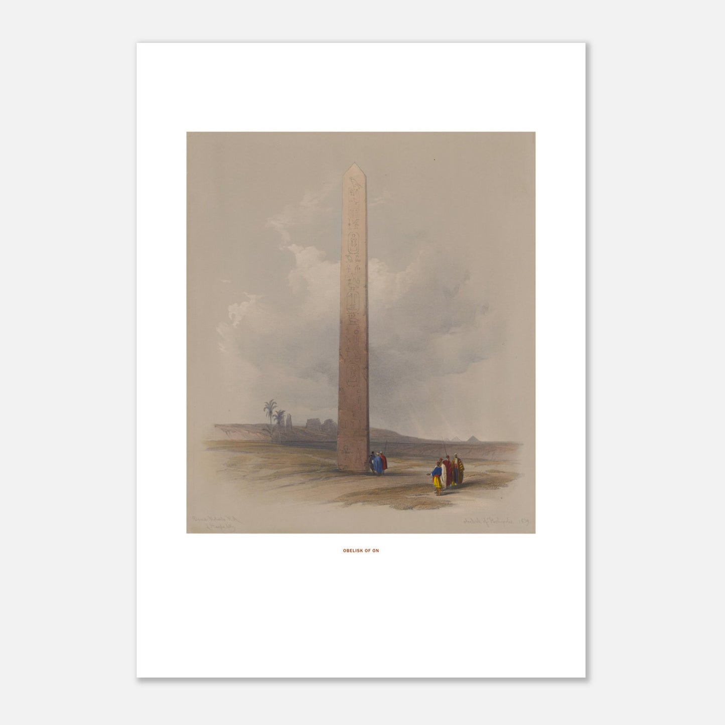 Gravure ancienne : L'Obélisque d'Héliopolis en Égypte, David Roberts (29,7x42 cm (A3)). Lithographie ancienne montrant l'Obélisque d'Héliopolis entouré de ruines et de quelques personnages, avec une palmeraie au loin.