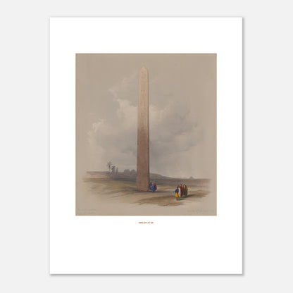 Gravure ancienne : L'Obélisque d'Héliopolis en Égypte, David Roberts (30x40 cm). Lithographie ancienne montrant l'Obélisque d'Héliopolis entouré de ruines et de quelques personnages, avec une palmeraie au loin.