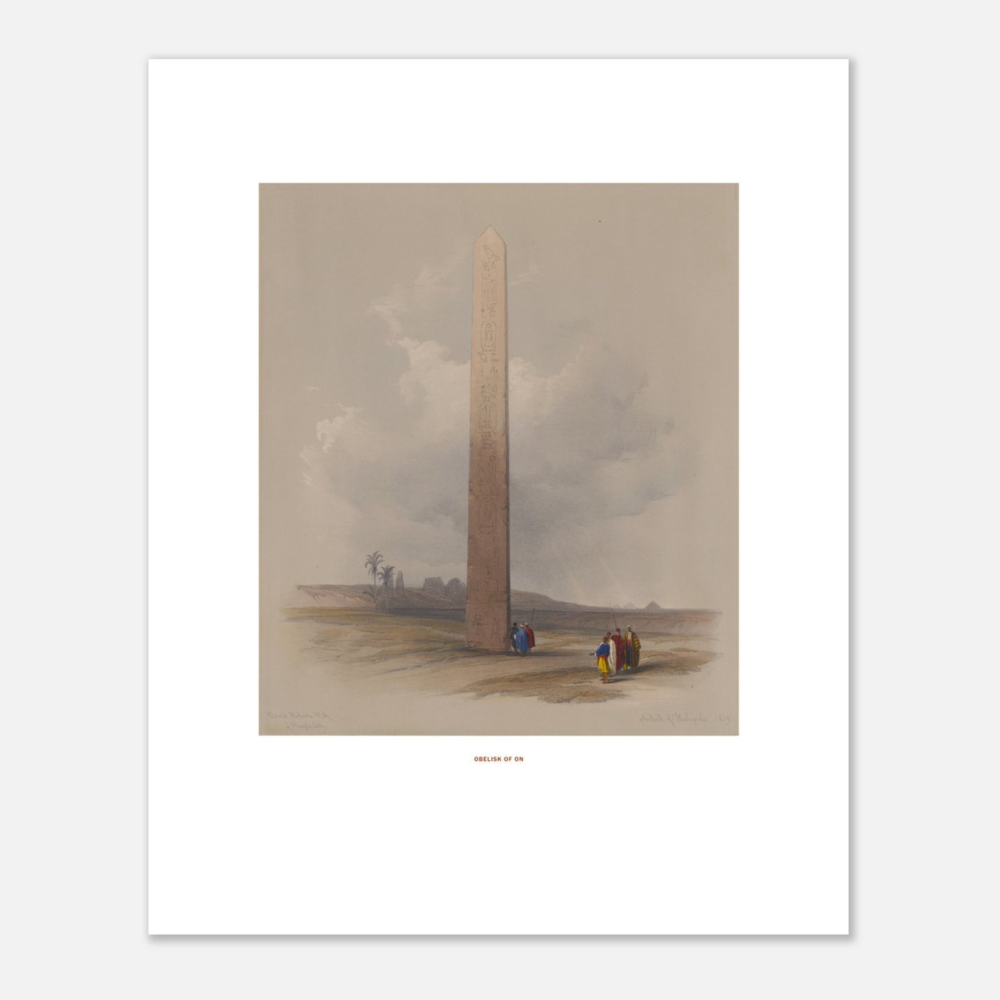 Gravure ancienne : L'Obélisque d'Héliopolis en Égypte, David Roberts (40x50 cm). Lithographie ancienne montrant l'Obélisque d'Héliopolis entouré de ruines et de quelques personnages, avec une palmeraie au loin.