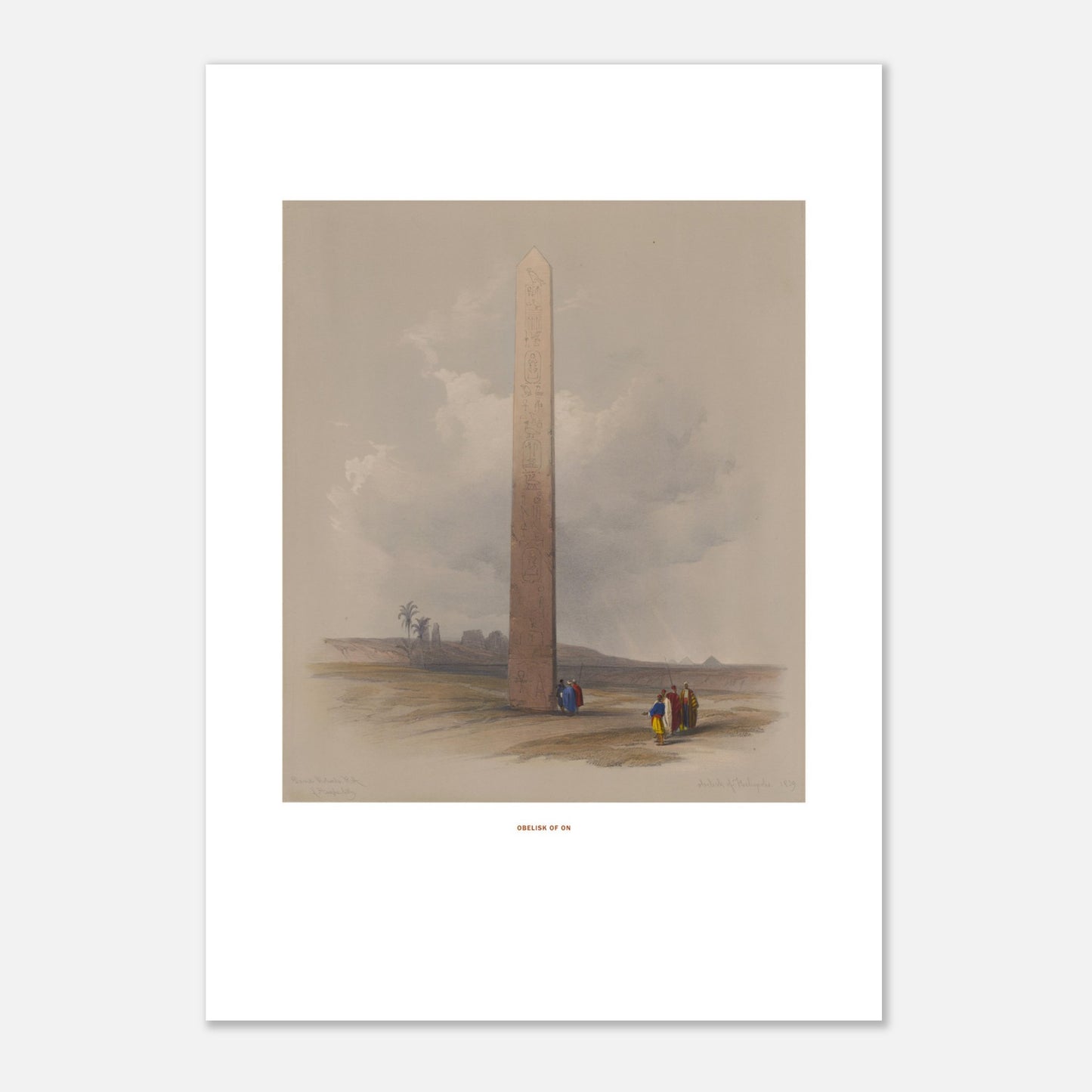Gravure ancienne : L'Obélisque d'Héliopolis en Égypte, David Roberts (42x59,4 cm (A2)). Lithographie ancienne montrant l'Obélisque d'Héliopolis entouré de ruines et de quelques personnages, avec une palmeraie au loin.