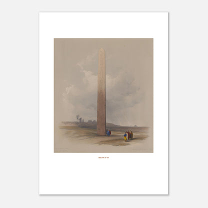 Gravure ancienne : L'Obélisque d'Héliopolis en Égypte, David Roberts (42x59,4 cm (A2)). Lithographie ancienne montrant l'Obélisque d'Héliopolis entouré de ruines et de quelques personnages, avec une palmeraie au loin.