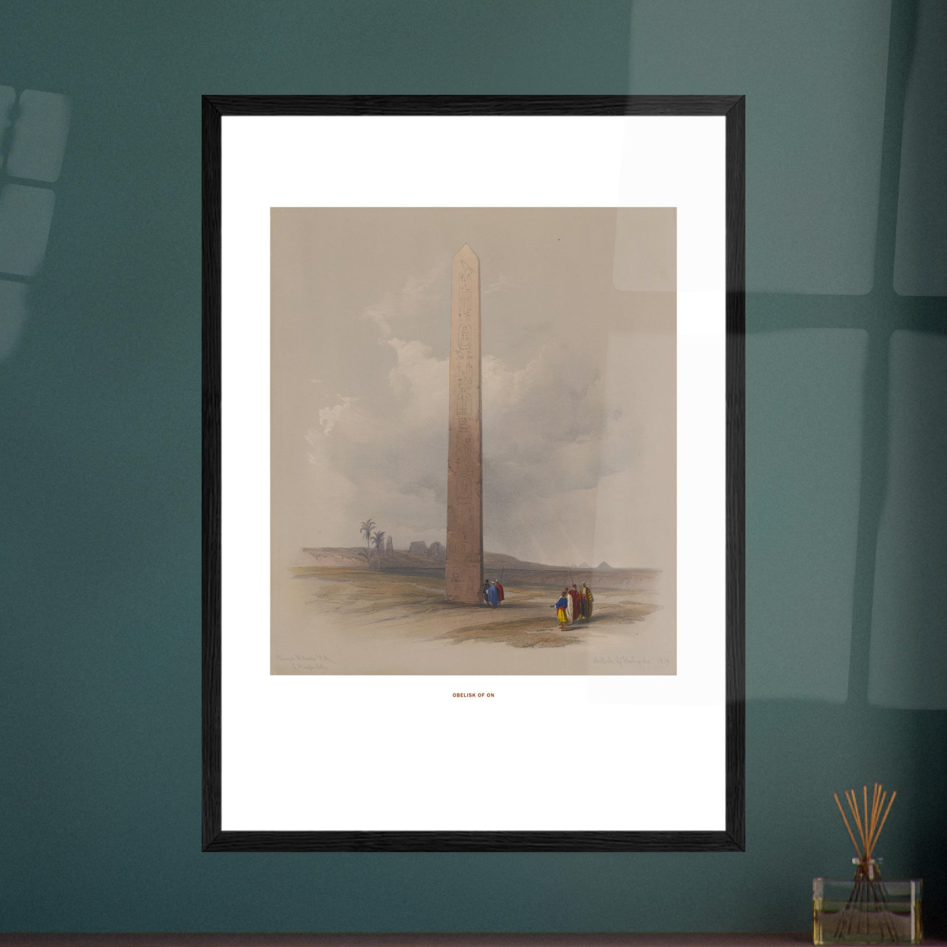 Gravure ancienne : L'Obélisque d'Héliopolis en Égypte, David Roberts. Lithographie ancienne montrant l'Obélisque d'Héliopolis entouré de ruines et de quelques personnages, avec une palmeraie au loin. Image d'illustration 6