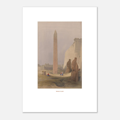 Planche ancienne : Obélisque à Louxor, David Roberts (21x29,7 cm (A4)). Lithographie de David Roberts représentant l'obélisque de Louxor entouré de statues monumentales et de bâtiments anciens, avec quelques figures humaines au premier plan.