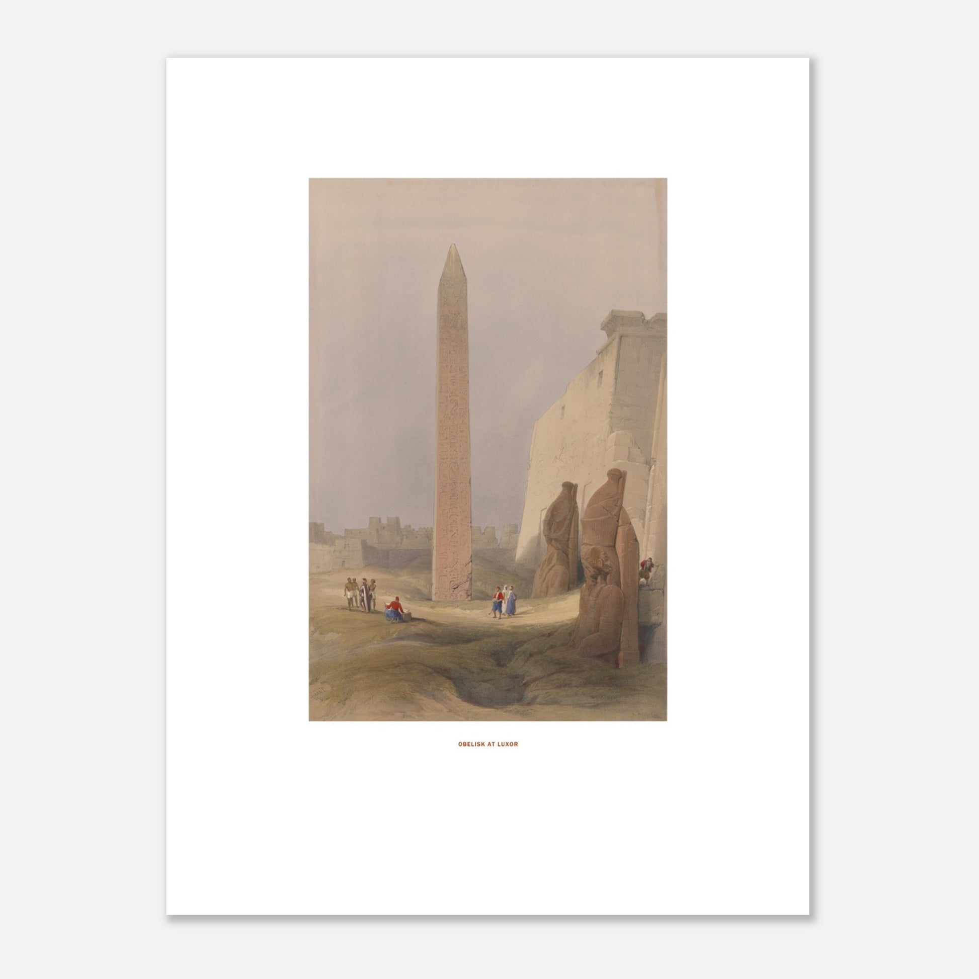Planche ancienne : Obélisque à Louxor, David Roberts (30x40 cm). Lithographie de David Roberts représentant l'obélisque de Louxor entouré de statues monumentales et de bâtiments anciens, avec quelques figures humaines au premier plan.