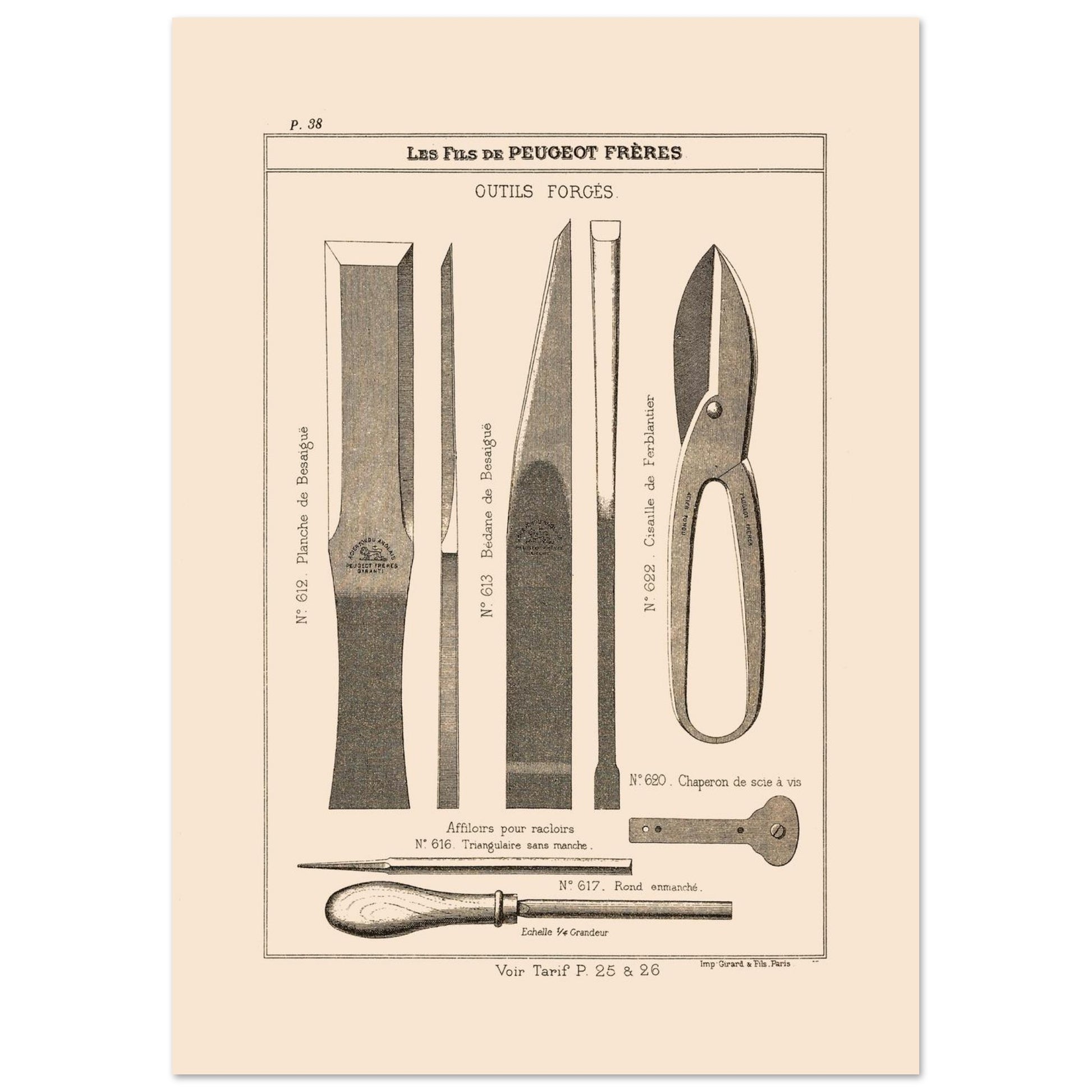 Planche d'outils forgés et cisailles - Catalogue Peugeot Frères 1885 (21x29,7 cm (A4)). Gravure d'outils forgés, comprenant des ciseaux, une lame de ciseau, un outil de jardinage, et une cisaille.