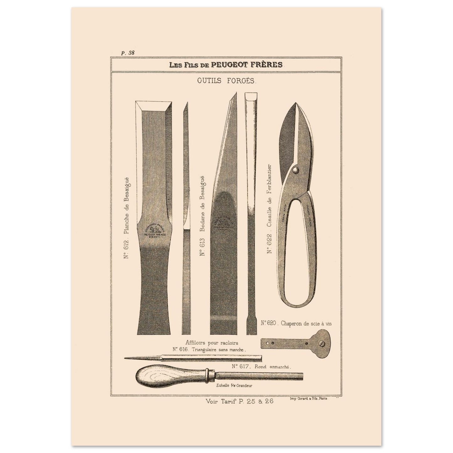 Planche d'outils forgés et cisailles - Catalogue Peugeot Frères 1885 (29,7x42 cm (A3)). Gravure d'outils forgés, comprenant des ciseaux, une lame de ciseau, un outil de jardinage, et une cisaille.