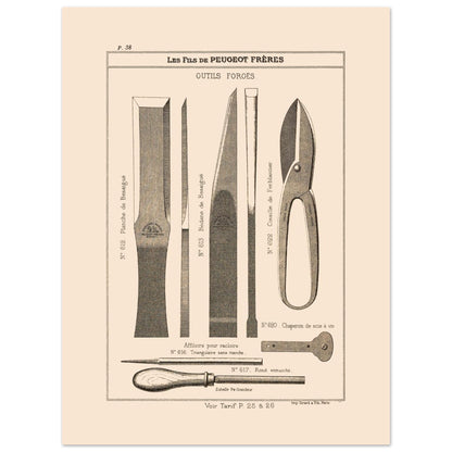 Planche d'outils forgés et cisailles - Catalogue Peugeot Frères 1885 (30x40 cm). Gravure d'outils forgés, comprenant des ciseaux, une lame de ciseau, un outil de jardinage, et une cisaille.