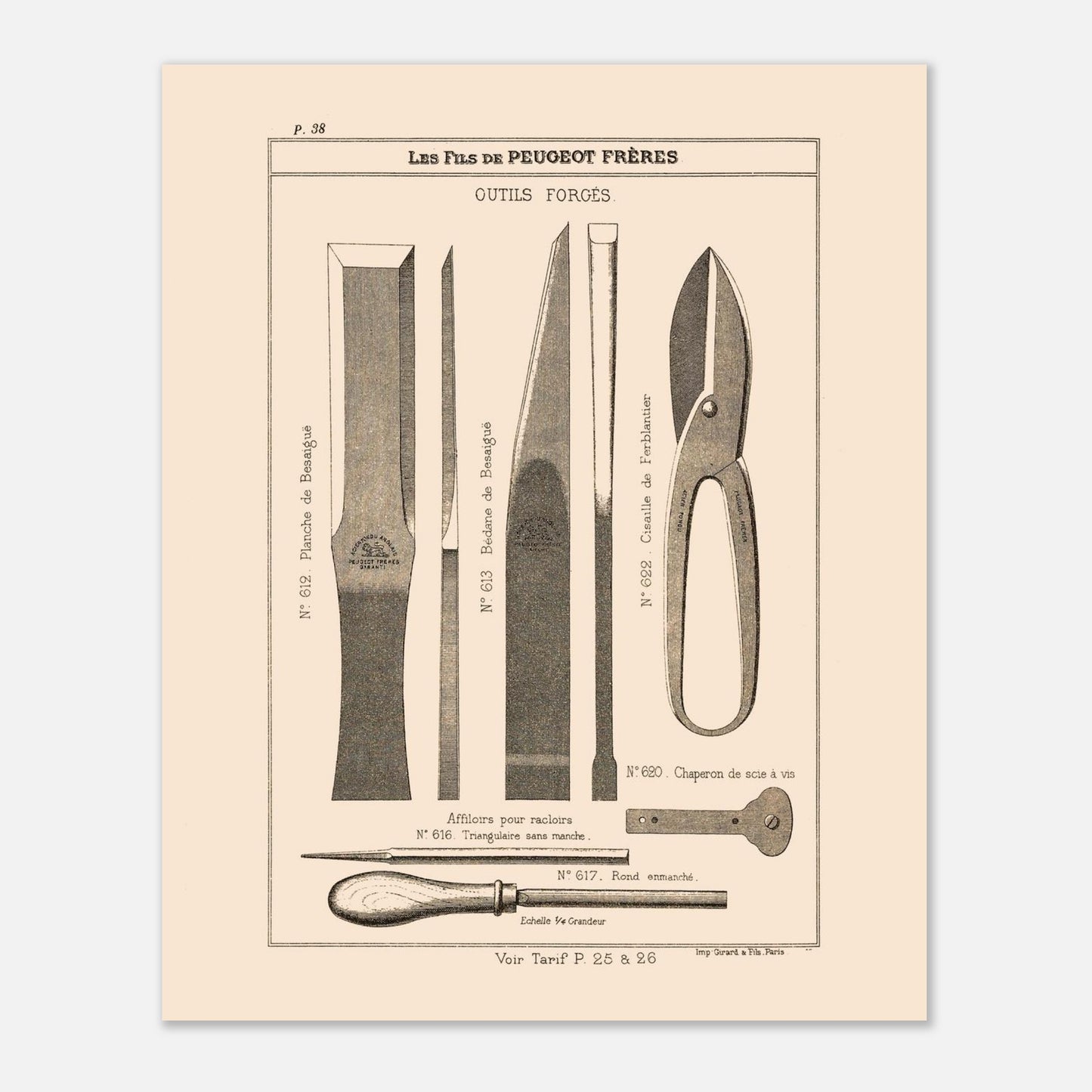 Planche d'outils forgés et cisailles - Catalogue Peugeot Frères 1885. Gravure d'outils forgés, comprenant des ciseaux, une lame de ciseau, un outil de jardinage, et une cisaille. Image d'illustration 4
