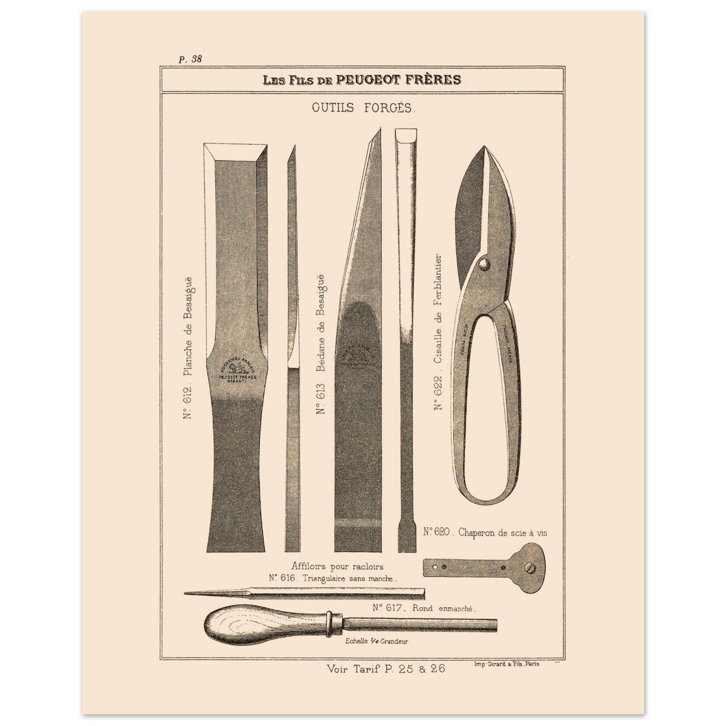 Planche d'outils forgés et cisailles - Catalogue Peugeot Frères 1885 (40x50 cm). Gravure d'outils forgés, comprenant des ciseaux, une lame de ciseau, un outil de jardinage, et une cisaille.
