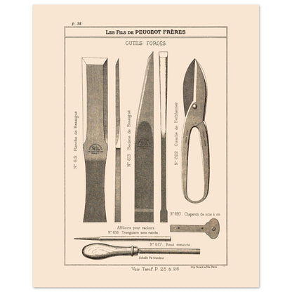 Planche d'outils forgés et cisailles - Catalogue Peugeot Frères 1885 (40x50 cm). Gravure d'outils forgés, comprenant des ciseaux, une lame de ciseau, un outil de jardinage, et une cisaille.