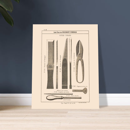 Planche d'outils forgés et cisailles - Catalogue Peugeot Frères 1885. Gravure d'outils forgés, comprenant des ciseaux, une lame de ciseau, un outil de jardinage, et une cisaille. Image d'illustration 5