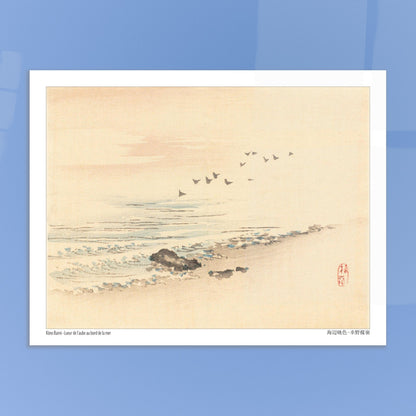 Lueur de l'Aube au Bord de la Mer, paysage japonais par Kōno Bairei. Paysage japonais d'une plage au lever du soleil avec une volée d'oiseaux, par Kōno Bairei. Image d'illustration 5