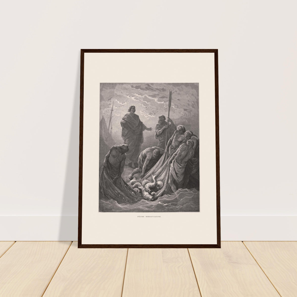Tafel des wundersamen Fischfangs von Gustave Doré (1866). Stich von Gustave Dore, der den wundersamen Fischfang darstellt, bei dem Jesus am Wasser steht und Fischer ein Netz voller Fische einholen.