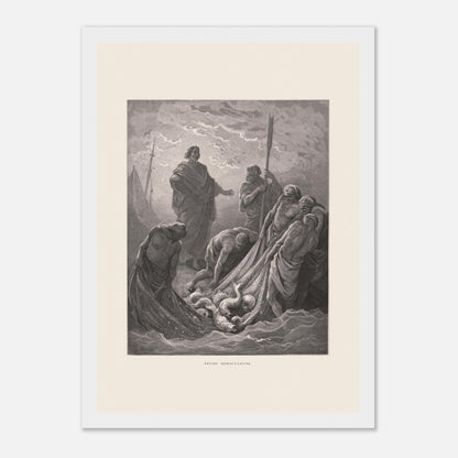 Planche de la Pêche miraculeuse par Gustave Doré (1866) (21x29,7 cm (A4) / Cadre blanc). Gravure de Gustave Doré illustrant la pêche miraculeuse, où Jésus se tient au bord de l'eau et des pêcheurs retirent un filet rempli de poissons.