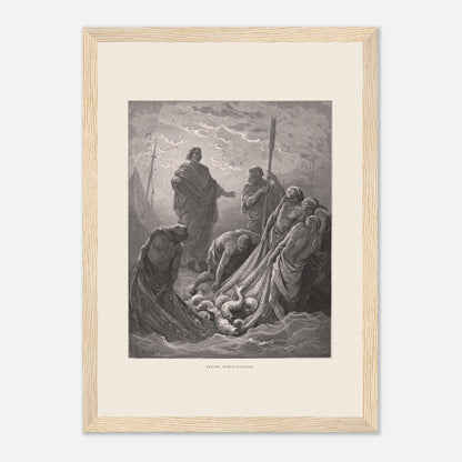 Planche de la Pêche miraculeuse par Gustave Doré (1866) (21x29,7 cm (A4) / Cadre bois clair). Gravure de Gustave Doré illustrant la pêche miraculeuse, où Jésus se tient au bord de l'eau et des pêcheurs retirent un filet rempli de poissons.