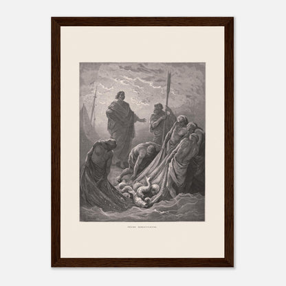Planche de la Pêche miraculeuse par Gustave Doré (1866) (21x29,7 cm (A4) / Cadre bois foncé). Gravure de Gustave Doré illustrant la pêche miraculeuse, où Jésus se tient au bord de l'eau et des pêcheurs retirent un filet rempli de poissons.