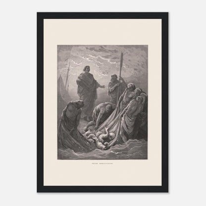 Planche de la Pêche miraculeuse par Gustave Doré (1866) (21x29,7 cm (A4) / Cadre noir). Gravure de Gustave Doré illustrant la pêche miraculeuse, où Jésus se tient au bord de l'eau et des pêcheurs retirent un filet rempli de poissons.