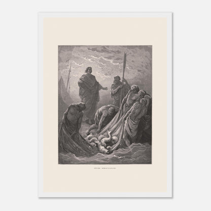 Planche de la Pêche miraculeuse par Gustave Doré (1866) (29,7x42 cm (A3) / Cadre blanc). Gravure de Gustave Doré illustrant la pêche miraculeuse, où Jésus se tient au bord de l'eau et des pêcheurs retirent un filet rempli de poissons.