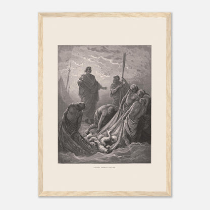 Planche de la Pêche miraculeuse par Gustave Doré (1866) (29,7x42 cm (A3) / Cadre bois clair). Gravure de Gustave Doré illustrant la pêche miraculeuse, où Jésus se tient au bord de l'eau et des pêcheurs retirent un filet rempli de poissons.