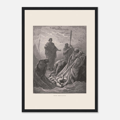 Planche de la Pêche miraculeuse par Gustave Doré (1866) (29,7x42 cm (A3) / Cadre noir). Gravure de Gustave Doré illustrant la pêche miraculeuse, où Jésus se tient au bord de l'eau et des pêcheurs retirent un filet rempli de poissons.