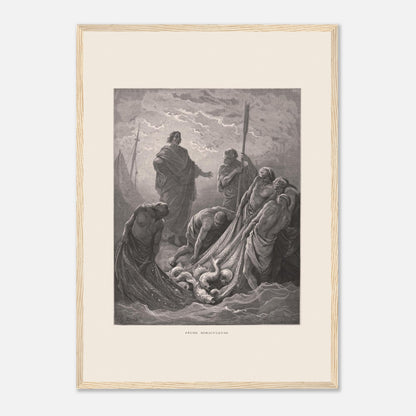 Planche de la Pêche miraculeuse par Gustave Doré (1866) (42x59,4 cm (A2) / Cadre bois clair). Gravure de Gustave Doré illustrant la pêche miraculeuse, où Jésus se tient au bord de l'eau et des pêcheurs retirent un filet rempli de poissons.