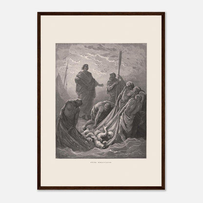 Planche de la Pêche miraculeuse par Gustave Doré (1866) (42x59,4 cm (A2) / Cadre bois foncé). Gravure de Gustave Doré illustrant la pêche miraculeuse, où Jésus se tient au bord de l'eau et des pêcheurs retirent un filet rempli de poissons.