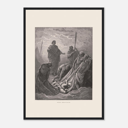 Planche de la Pêche miraculeuse par Gustave Doré (1866) (42x59,4 cm (A2) / Cadre noir). Gravure de Gustave Doré illustrant la pêche miraculeuse, où Jésus se tient au bord de l'eau et des pêcheurs retirent un filet rempli de poissons.