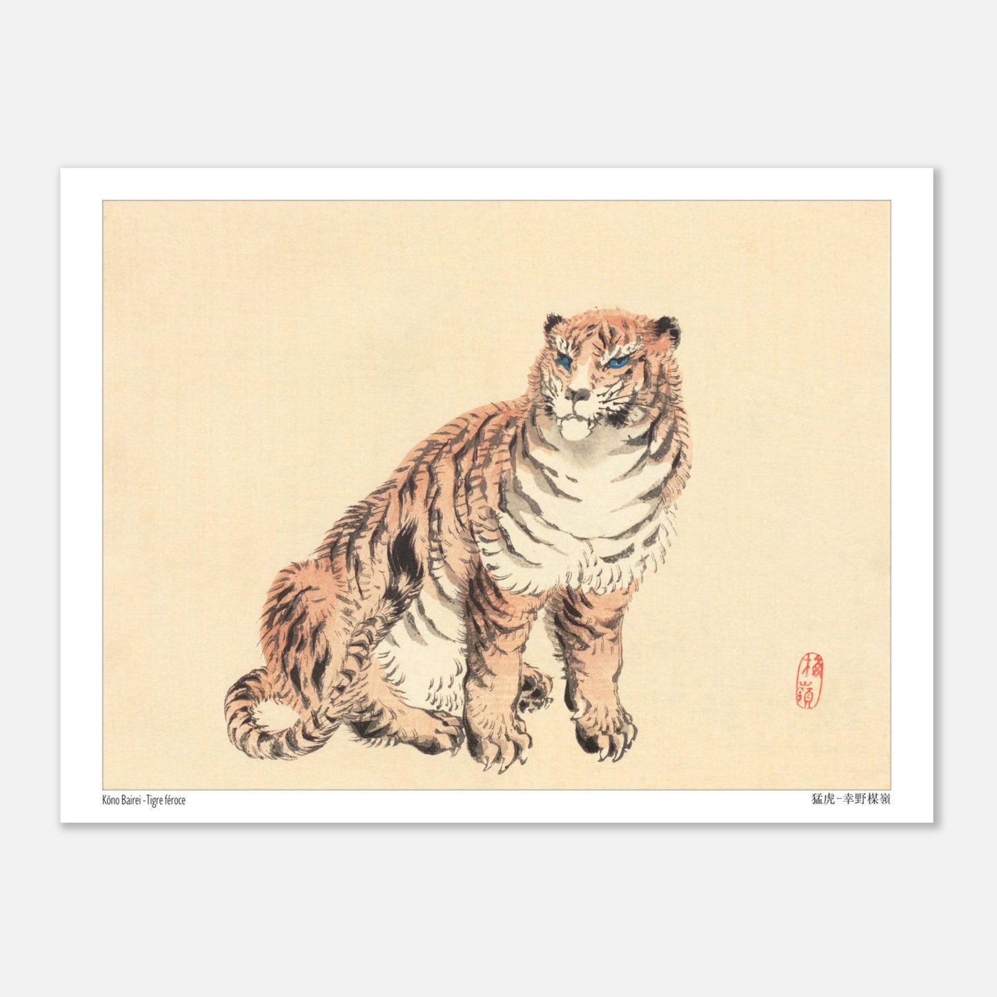 Peinture japonaise d'un tigre aux yeux bleus par Kōno Bairei (15x20 cm). Peinture japonaise d'un tigre assis, aux yeux bleus vifs et au pelage rayé