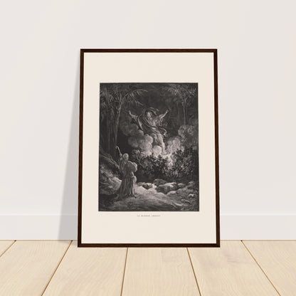 Alte Tafel Der brennende Dornbusch von Gustave Doré. Stich von Gustave Dore, der den brennenden Dornbusch darstellt, wobei eine biblische Gestalt zu einer göttlichen Gestalt spricht, die aus dem Rauch hervorgeht.