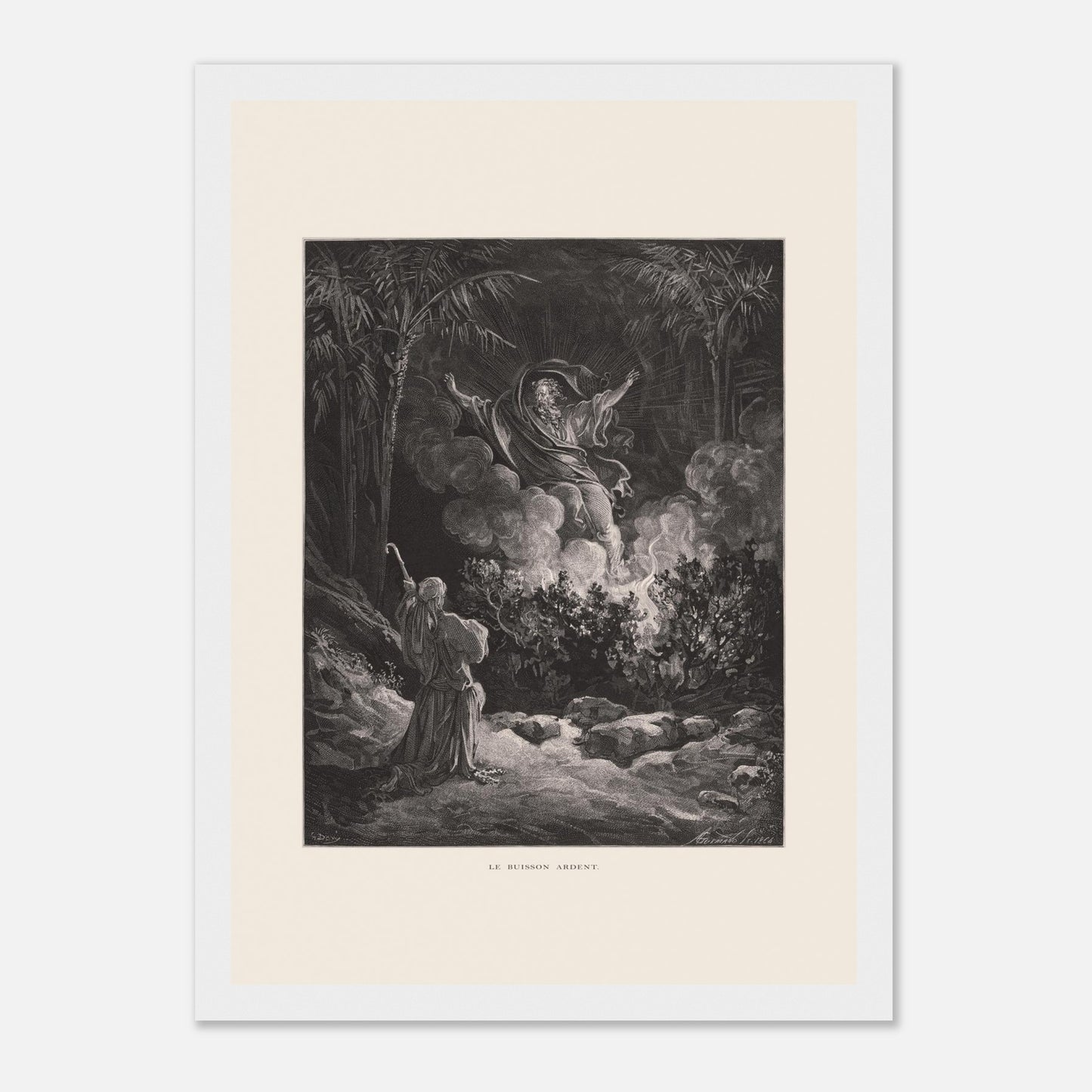 Planche ancienne Le Buisson ardent par Gustave Doré (21x29,7 cm (A4) / Cadre blanc). Gravure de Gustave Doré représentant le buisson ardent, avec une figure biblique s'adressant à une figure divine émergeant de la fumée.