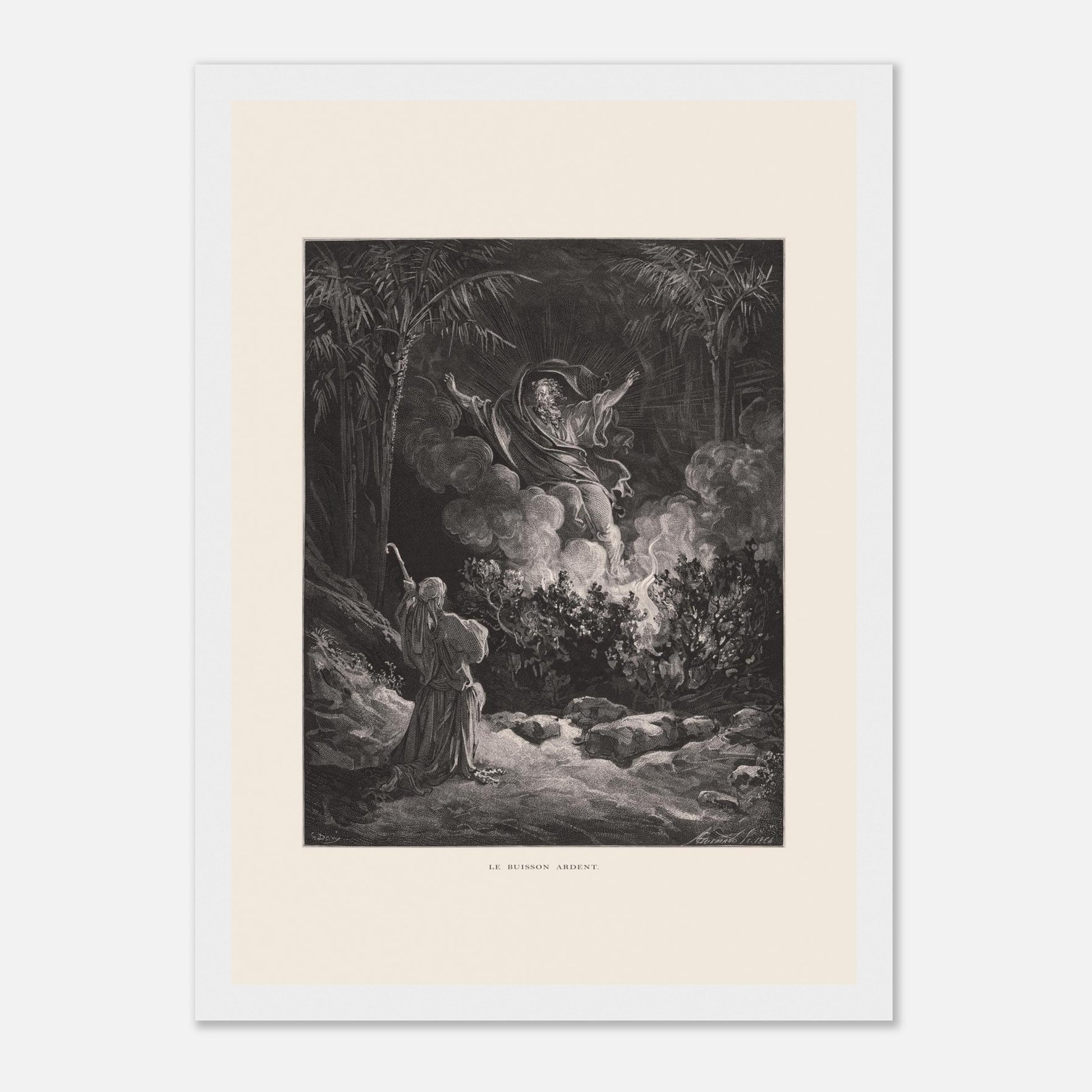 Planche ancienne Le Buisson ardent par Gustave Doré (21x29,7 cm (A4) / Cadre blanc). Gravure de Gustave Doré représentant le buisson ardent, avec une figure biblique s'adressant à une figure divine émergeant de la fumée.